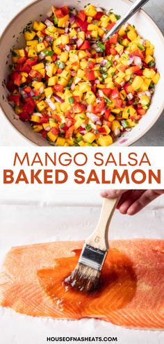 mango salsa baked salmon in a white bowl with a wooden spatula being used to make it