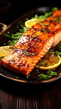 a plate with salmon and lemon slices on it