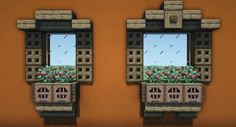 two windows that have flowers in them on the side of a building with brick walls