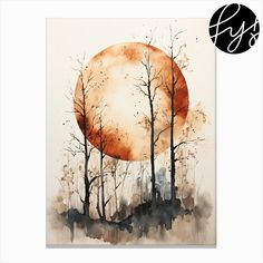 a painting of trees with the moon in the sky behind them and watercolor paint on paper