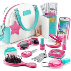 the contents of a barbie doll's purse are shown in this image, including sunglasses, hairbrushes, and other accessories