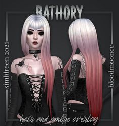 two women with long pink hair and black bra tops, both wearing gothic clothing are facing each other