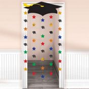 an open door with a graduation cap and stars on it