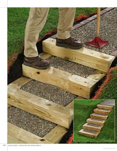 a man standing on steps made out of wood