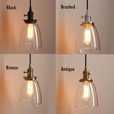 four different types of light bulbs hanging from a ceiling fixture with the words bronze, bronze, and antique written below them