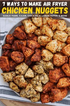 chicken nuggets on a plate with text overlay that reads 7 ways to make air fryer chicken nuggets