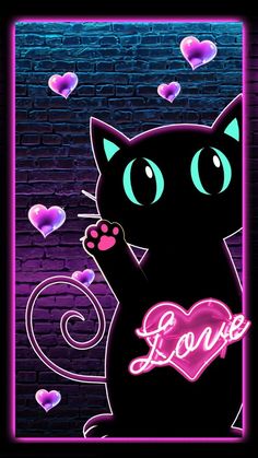 a black cat sitting on top of a brick wall next to a neon sign that says i love cats