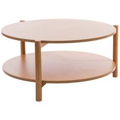 a round wooden table with two shelves on each side and one shelf below the coffee table