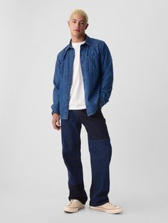 Fit: Relaxed through the hip & thigh with a loose, straight leg.  Made with a longer inseam that stacks at your shoes. ​ Fabric: 13 oz 369 g) rigid denim with 5% recycled cotton.  Stretch: No Stretch.  Authentic rigid denim that gets better with every wear.  Made to wear all day & break in over time. ​ Look: A classic five-pocket jean in a patchwork denim style.  Details: Zip fly & five-pocket styling.  Allover patchwork detailing.  Responsibly Made: This pair of jeans is part of our water-saving Washwell program.  Compared with conventional wash methods, Washwell uses at least 20% less water and has saved over a billion liters of water since 2016.  Our Mid Rise Jean has a 12. 75″ 32 cm) rise.  Sits below the waist with a longer rise.  Relaxed through the hip & thigh.  Loose, straight leg. Casual Denim Blue Jeans With Patch Pockets, Relaxed Medium Wash Jeans With Pockets, Urban Recycled Denim Jeans For Fall, Casual Dark Wash Straight Fit Jeans, Casual Straight Fit Dark Wash Jeans, Casual Straight Leg Jeans, Relaxed Jeans With Pockets For Fall, Relaxed Jeans For Fall, Gap Casual Bottoms With Patch Pockets