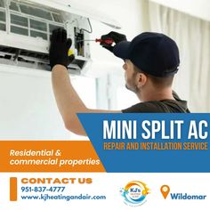 a man working on an air conditioner with the words mini split ac repair and installation service