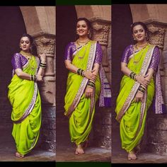 Parrot Green Saree Contrast Blouse, Maharashtrian Bride, Marathi Saree, Saree Color Combinations, Maharashtrian Saree, Partywear Sarees, Kashta Saree, Nauvari Saree, Saree Fashion