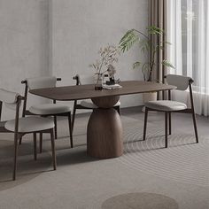 a dining table with four chairs and a potted plant in the middle of it