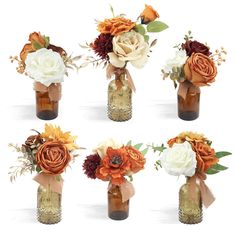 six vases with different flowers in them on a white background, each containing an individual's own bouquet