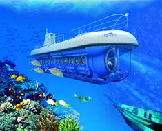 a boat floating in the ocean surrounded by corals and other marine life, with fish swimming around it