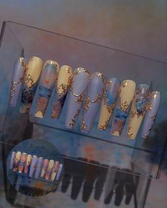 Sunset on the Seine at Lavacourt, Monet – Gilded Gold and Color Changing Sunset Oil Painting Nail Popular on Tiktok! Nails to capture the sunset on a smoggy winter day. Inspired by the spirit of Impressionism, and created originally as an Easter egg for a customer's Claude Monet Mystery Box. Choose your preferred nail shape and length! Designed by Vivian (@vivxue). Order Details Made to order by hand. 7-28 day lead time. Lead times can vary due to seasonal traffic and shipping delays.In a rush / Sunset Oil Painting, Pretty Gel Nails, The Seine, Fire Nails, Funky Nails, Dope Nails, Long Acrylic Nails, Mystery Box, Cute Acrylic Nails