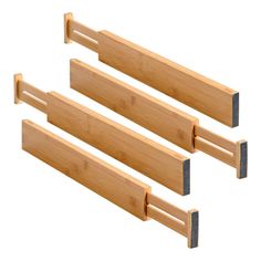 two wooden shelves with black handles on each side