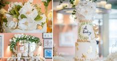 the wedding cake is decorated with white flowers and gold leafy decorations, along with other details