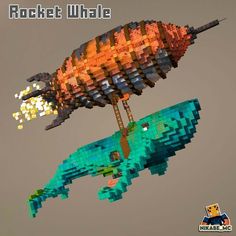 an image of a fish made out of legos in the air with text reading rocket whale