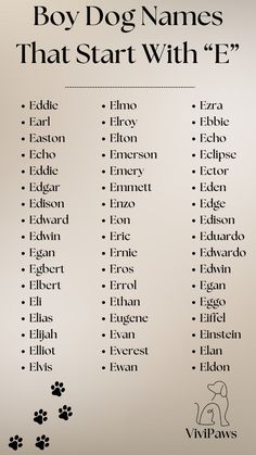 the boy dog names that start with e are shown in black on a white background