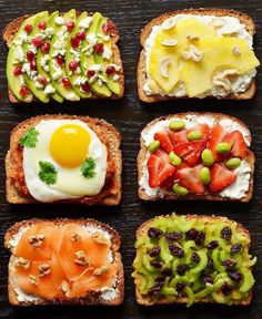 an assortment of different types of food on toast