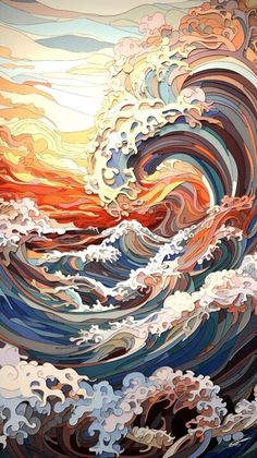 an abstract painting of waves in the ocean with orange, blue and white colors on it