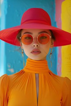 a woman wearing a bright red hat and orange dress with large round sunglasses on her face