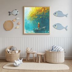 a child's room with fish on the wall and toys in baskets next to it