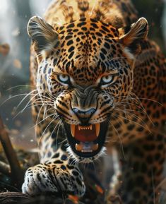 a leopard with its mouth open and it's teeth wide open while walking through the woods