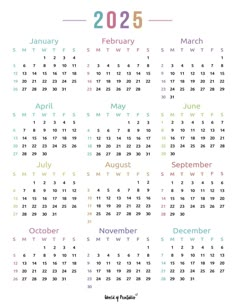 a calendar for the new year is shown in this colorful printable version, which includes numbers