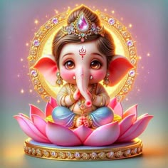 an elephant sitting on top of a pink flower in front of a gold frame with jewels