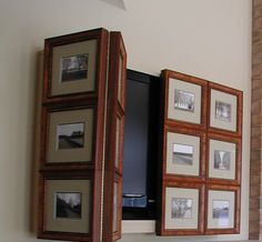 an entertainment center with multiple pictures on the front and back of it, along with a fireplace mantel