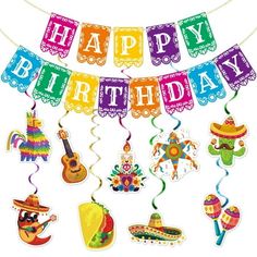 a happy birthday banner with mexican decorations