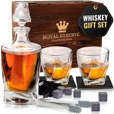 the whisky gift set includes three glasses and ice cubes