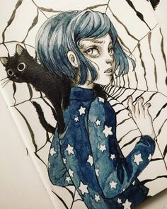 a drawing of a girl with blue hair holding a black cat in her arms and looking at the camera