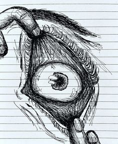 an eye drawn on lined paper with lines in the foreground and below it is a pencil drawing of a human eye