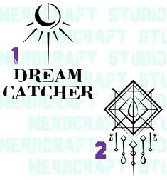 the words dream catcher are written in black and white with an image of a sun, moon