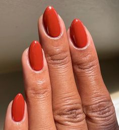 Solid Color Nails Orange, Orange Classy Nails, Red Orange Nail Color, Red Orange Fall Nails, Ochre Nails, Fun Nails Fall, Fall Solid Color Nails, Rusty Orange Nails, Sunset Orange Nails