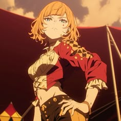 an anime character with blonde hair and blue eyes standing in front of a circus tent