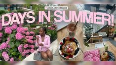 a woman sitting on a bench in front of pink flowers with the words days in summer