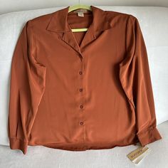 Notations Womens Size M Burnt Orange Blouse Shirt Long Sleeve New With Tags Solid Retro Tops For Fall, Retro Solid Tops For Fall, Spring Retro Formal Tops, Retro Spring Formal Tops, Retro Formal Spring Tops, Vintage Collared Tops For Fall, Retro Collar Top For Fall, Retro Fall Workwear Tops, Retro Button-up Tops For Fall