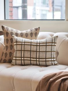 two pillows sitting on top of a white couch next to a window in a living room