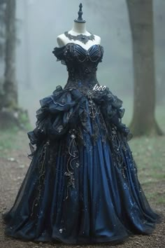 Black And Blue Victorian Dress, Fairy Prom Dress Blue, Dark Fae Ballgown, Dark Blue Royal Dress, Dark Blue Victorian Dress, Masquerade Ball Gowns Blue, Black And Blue Ball Gown, Dark Blue Masquerade Dress, Elegant Gown Aesthetic