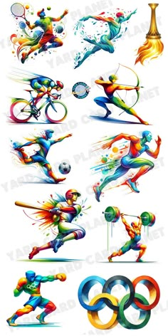 the olympic games are depicted in this graphic art work, which includes athletes and symbols