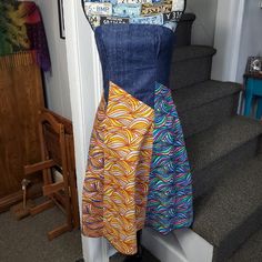 This Preloved Handmade Dress Is In Like New Condition! It Features A Denim Top With Gorgeous Patterns Zigzaged In And A Hidden Side Zipper! There's No Tag Since It's Handmade. In My Opinion It's A Size Medium Juniors Please See Measurements.... Approximate Measurements: 17" Armpits, 15" Waist, 20" Hips, 36" Length. Afro Boho Fashion, Boss Attire, Denim Patchwork Dress, Western Outfit, Handmade Dress, Recycled Denim, Denim Patchwork, Patchwork Dress, Handmade Dresses