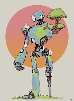 an image of a robot holding a bonsai tree in front of a sun setting