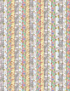 a striped wallpaper with flowers and paisleys on the bottom, in pastel colors