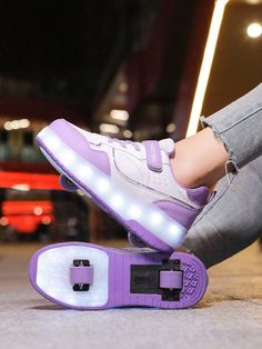 2-In-1 Girls LED Light-Up Roller Skates, Dual Wheels, USB Rechargeable, 11 Lighting Modes, 7 Color Changing, Unisex Cute Outdoor Sports Roller Blades Purple Sporty    Plain    Kids Shoes, size features are:Bust: ,Length: ,Sleeve Length: Light Up Roller Skates, Kids Roller Skates, Roller Skate Shoes, Purple Collar, Inline Skating, Roller Skate, Roller Skates, 1 Girl, Casual Sport Shoes