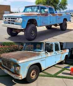 two pictures of an old blue truck with rust on the hood and side by side