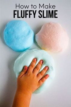 a child's hand on a play dough with the words how to make fluffy slime