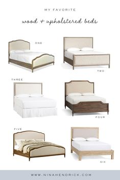 different types of bed frames with text overlay that says, my favorite wood and upholstered beds